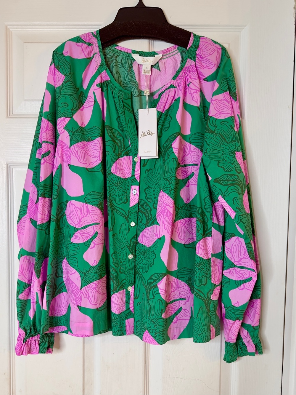 NWT Lilly Pulitzer Aldina Button Down Top Kitts Green Sunset Shadows Size L New